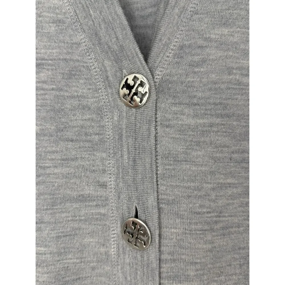 Tory Burch Simone Gray 100% Merino Wool Button Cardigan Sweater M Quiet Luxury